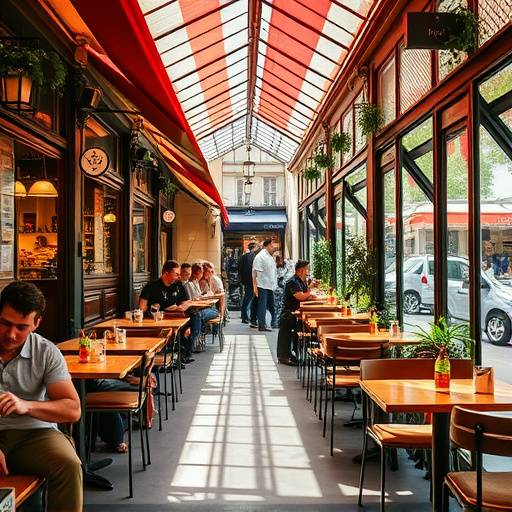 Intérieur d'un café parisien typique avec des tables en terrasse et une ambiance animée